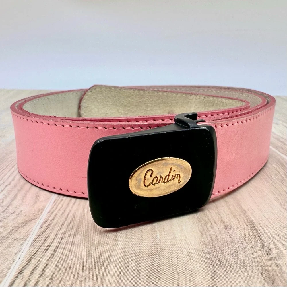 VTG Pierre Cardin Pink Leather Adjustable Black & Gold Buckle Belt Sz 30” / 75cm